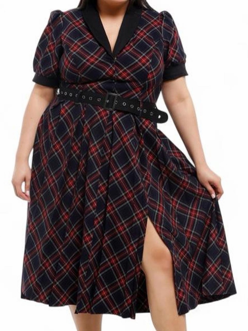 Social Collision Black & Red Plaid Belted Midi Dress Plus Size 2x